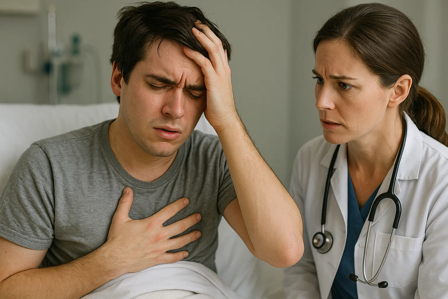 Молодой мужчина с сильной головной болью при менингите в больнице